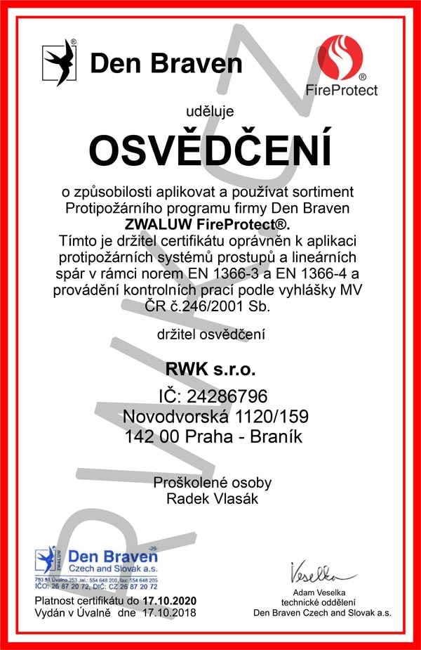 Den Braven certifikát vystavený pro RWK s.r.o. Den Braven certifikát vystavený pro RWK s.r.o.