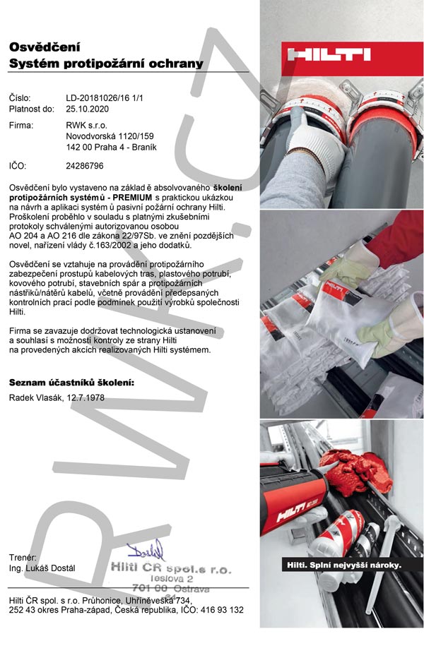 HILTI certifikát vystavený pro RWK s.r.o. HILTI certifikát vystavený pro RWK s.r.o.